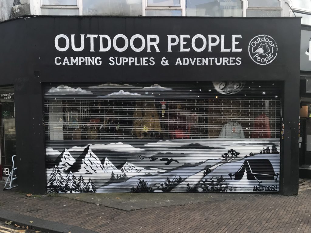 Outdoor People shop mural London commission by Akit