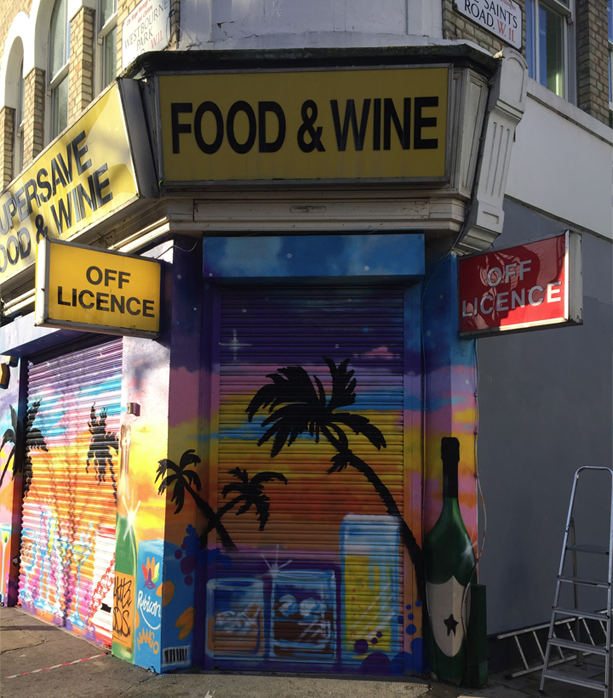 Supersave off-licence exterior mural Notting Hill — commission by Akit