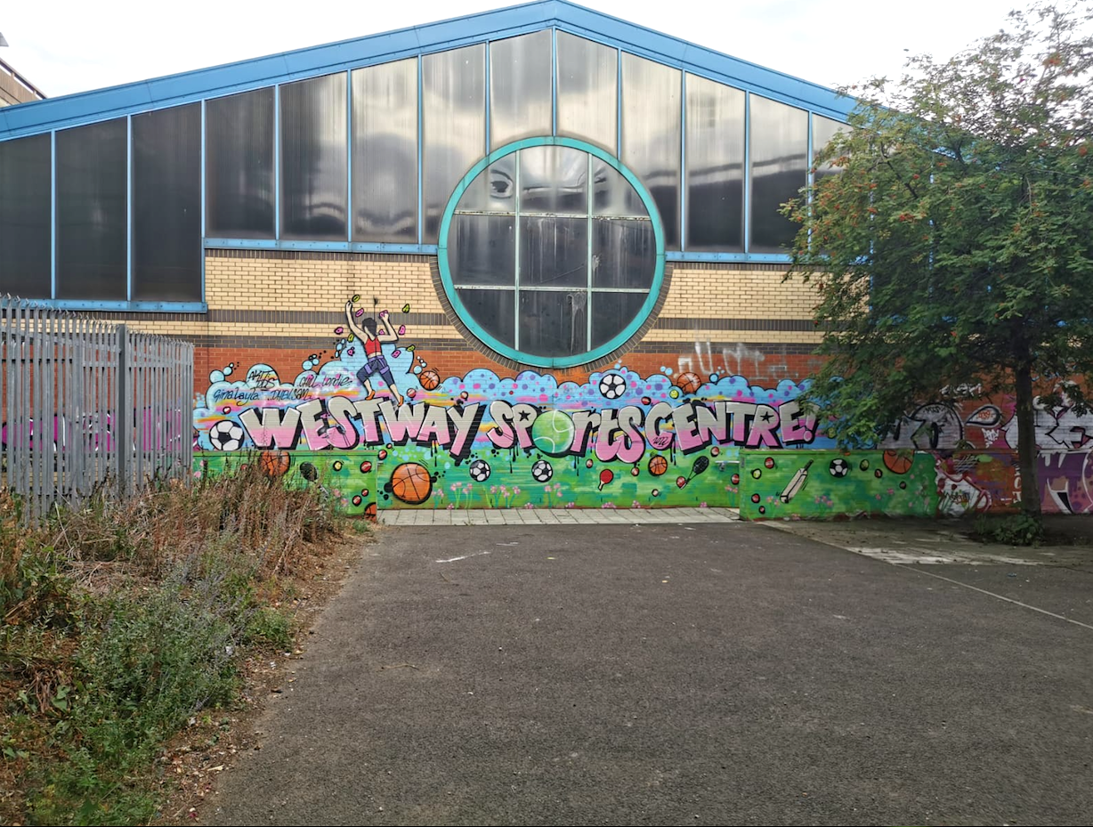 Sports themed mural at Westway Sports Centre London